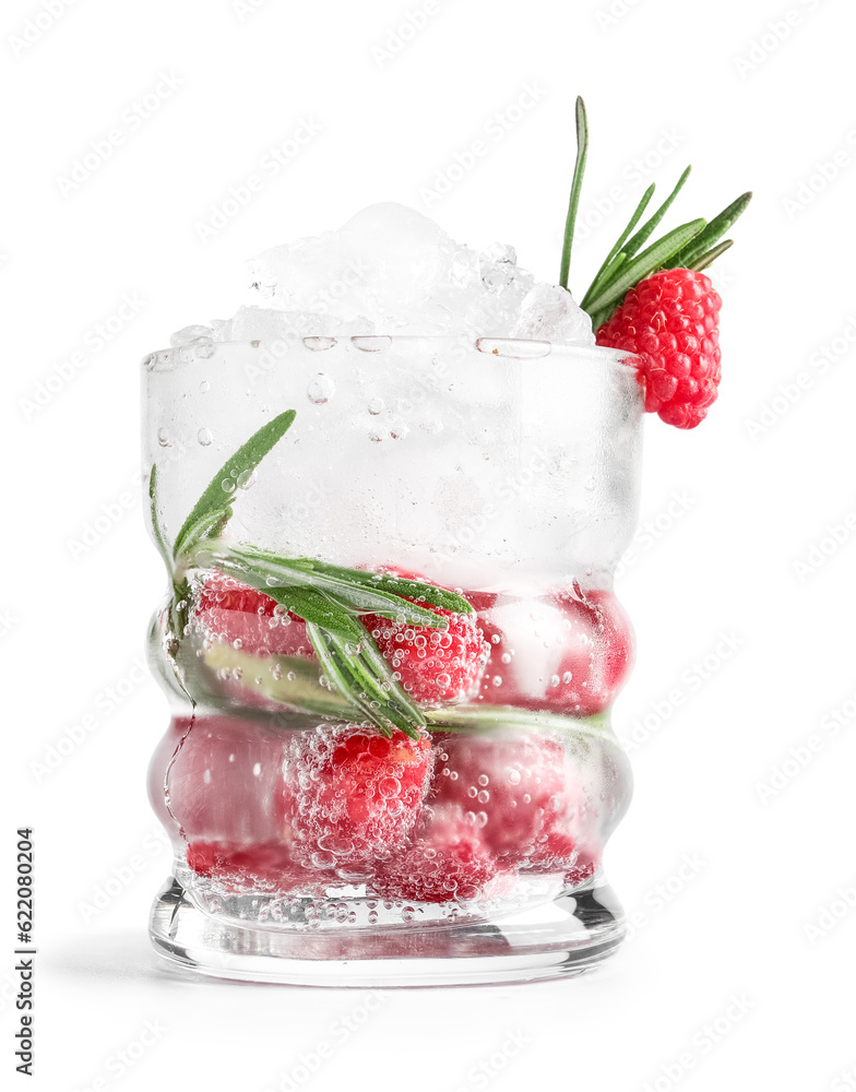 Glass of fresh raspberry lemonade with rosemary on white background