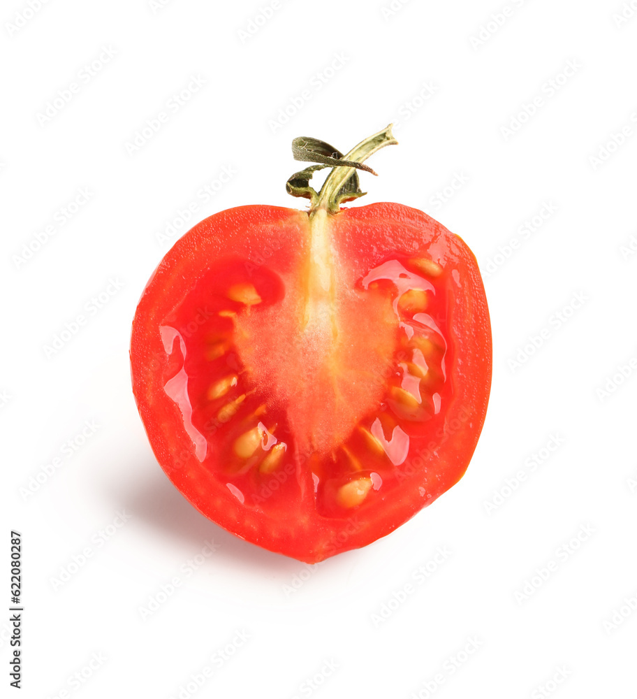 Half of fresh cherry tomato on white background