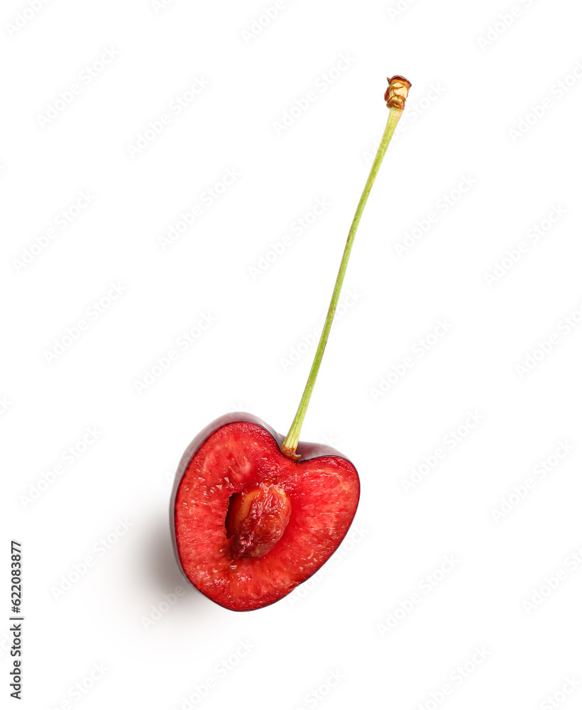 Half of red sweet cherry on white background