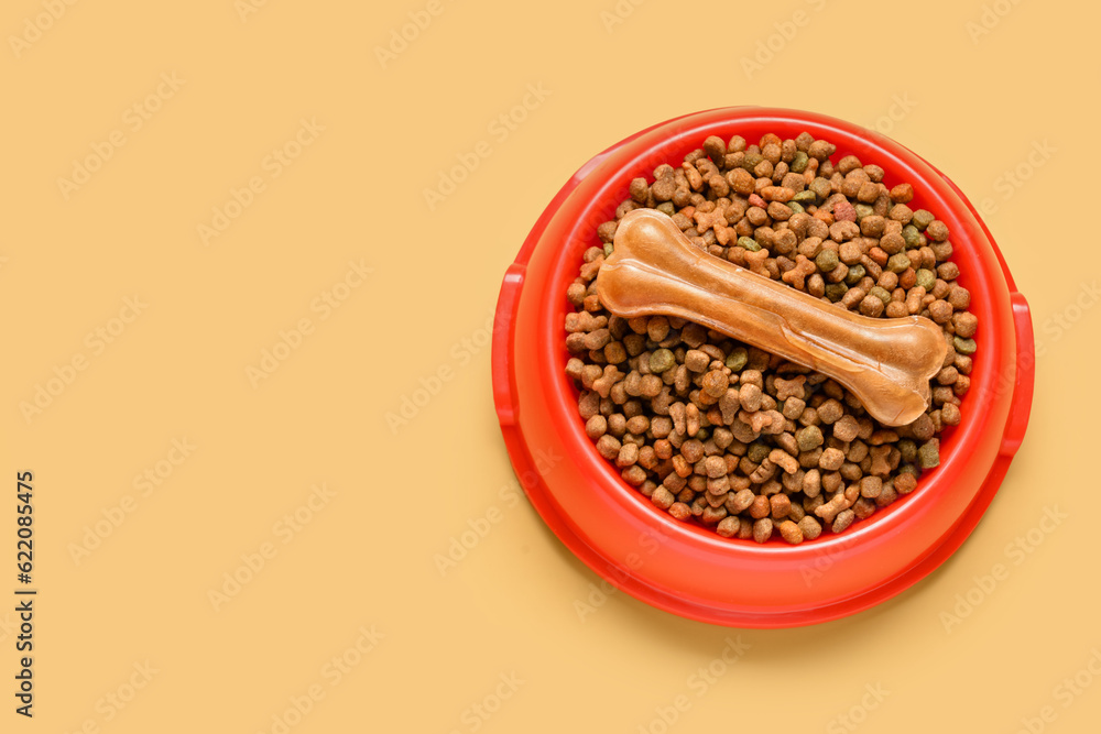 Bowl of dry dog food and chew bone on color background