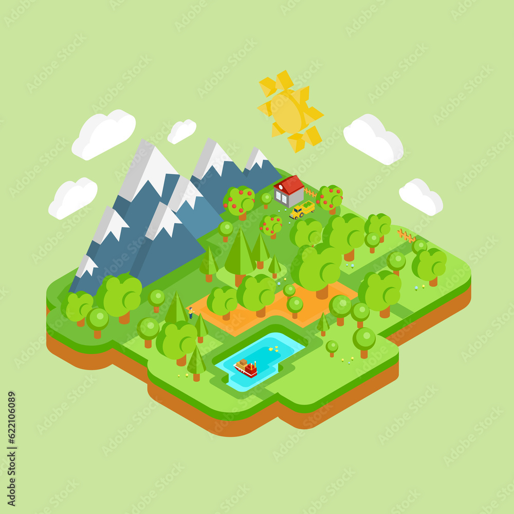 Environment friendly natural landscape with mountains river and forest around. work flat isometric 3