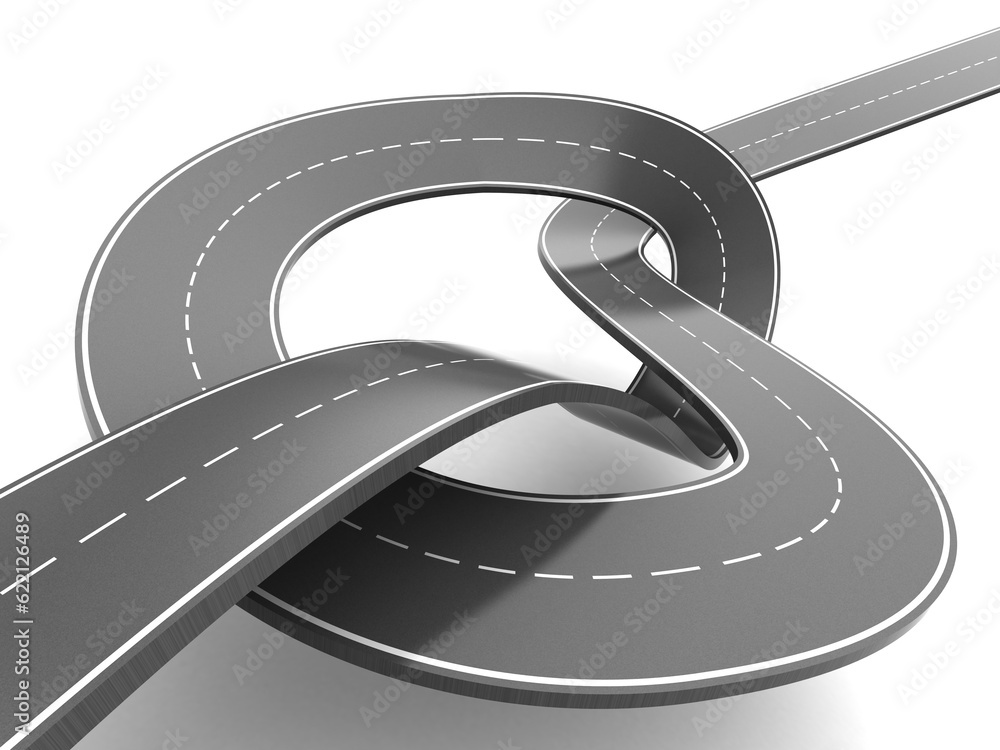 3d illustration of asphalt road with knot over white background