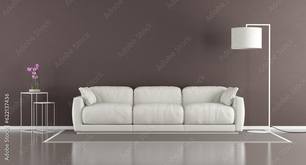 Brown contemporary living room with white couch and floor lamp - 3d rendering