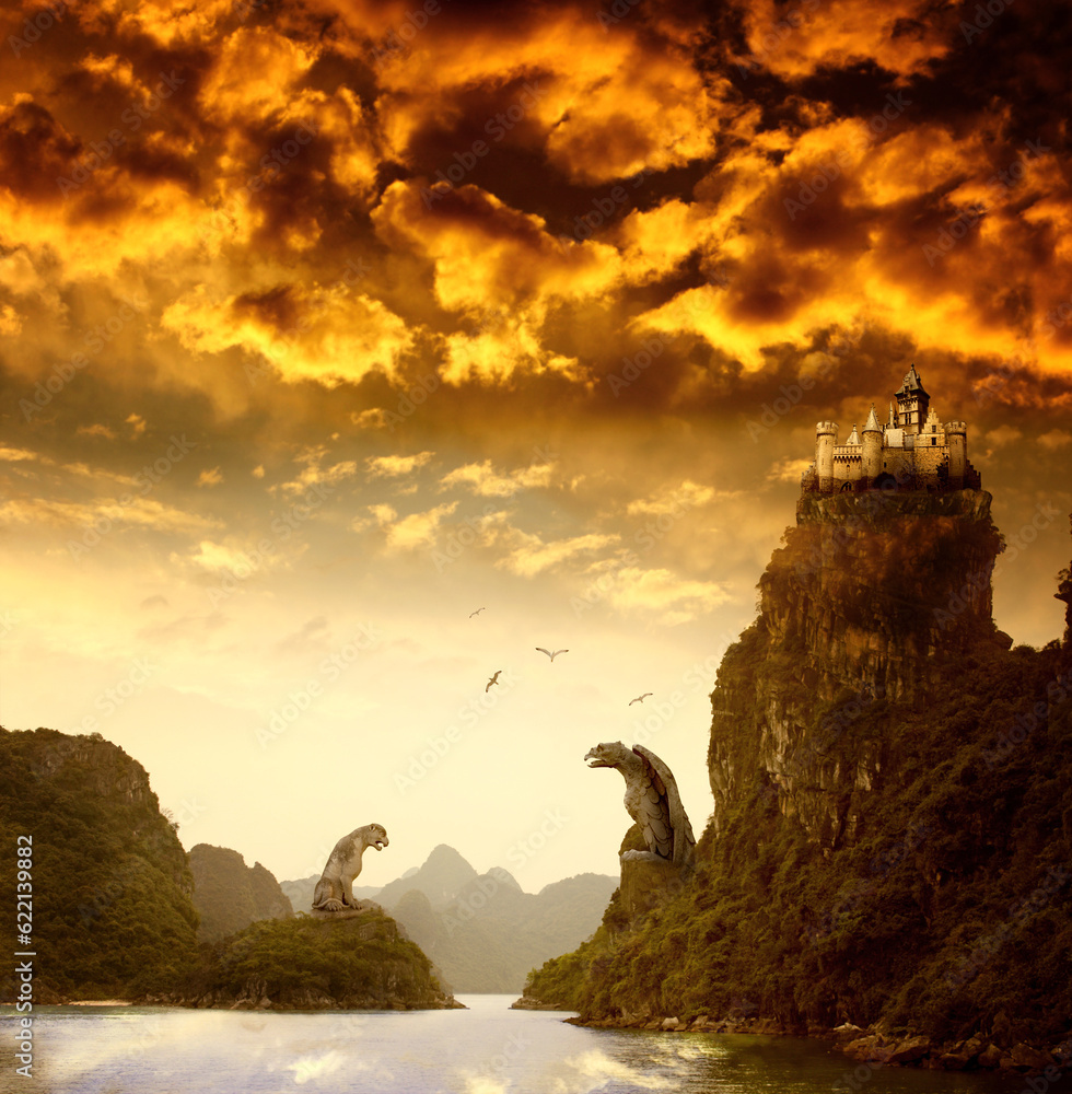 Beautiful fantasy landscape with the river, high mountains, storm sky, birds, old castle and giant s