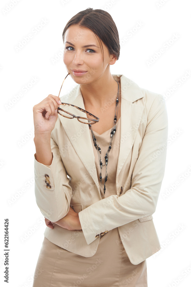 Thinking, glasses and portrait of business woman with an idea or decision isolated in a transparent 