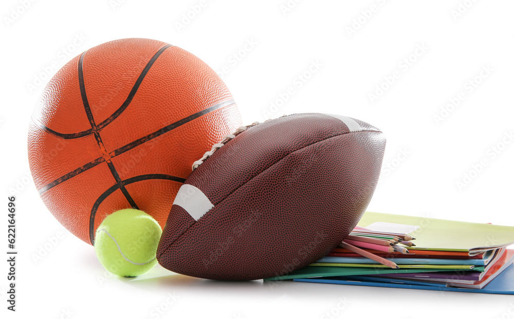 Sport balls with different stationery isolated on white background