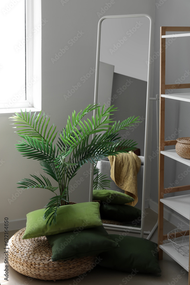 Big mirror, shelving unit and houseplant on wicker mat in interior of light living room