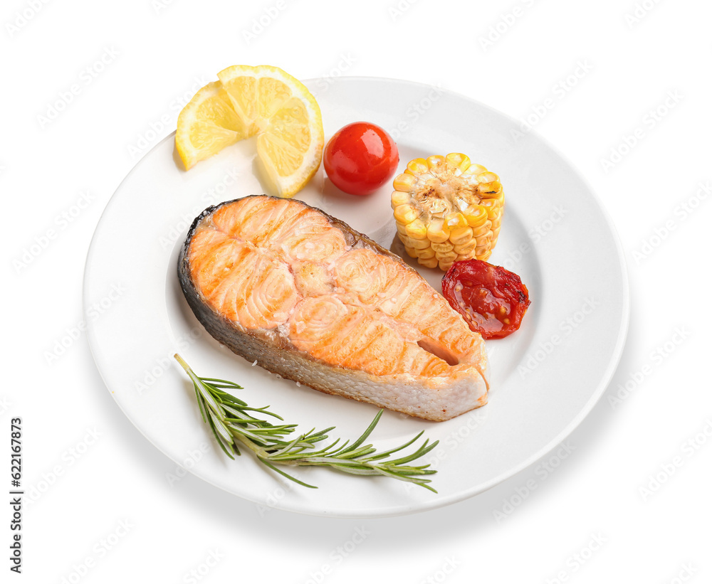 Plate with tasty grilled salmon steak on white background