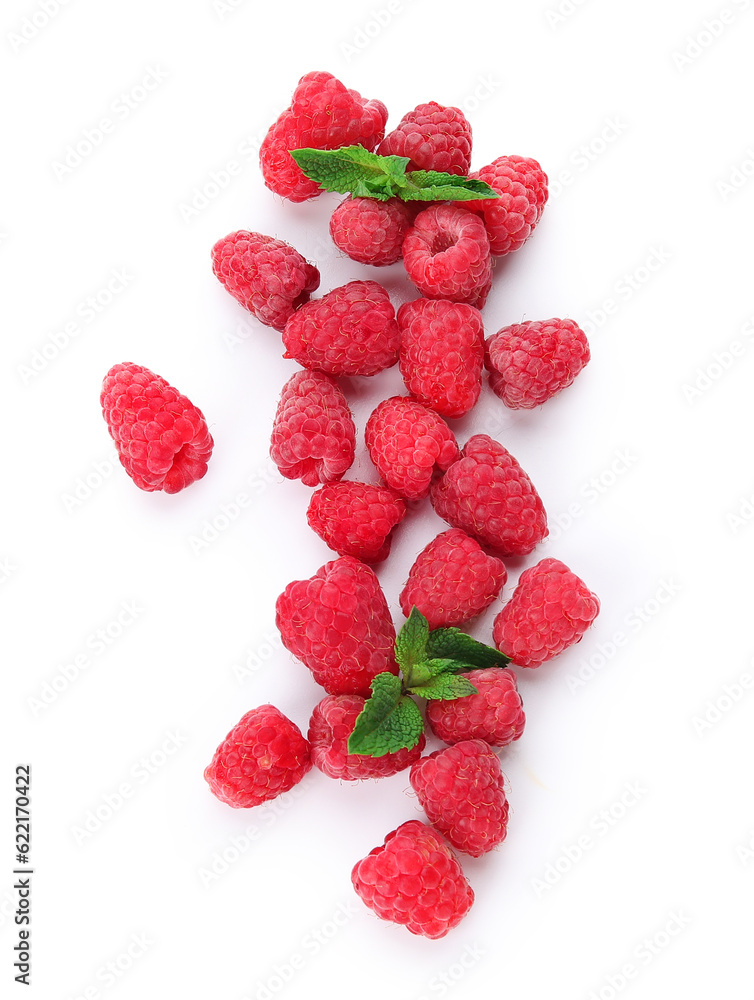 Fresh raspberry and mint on white background