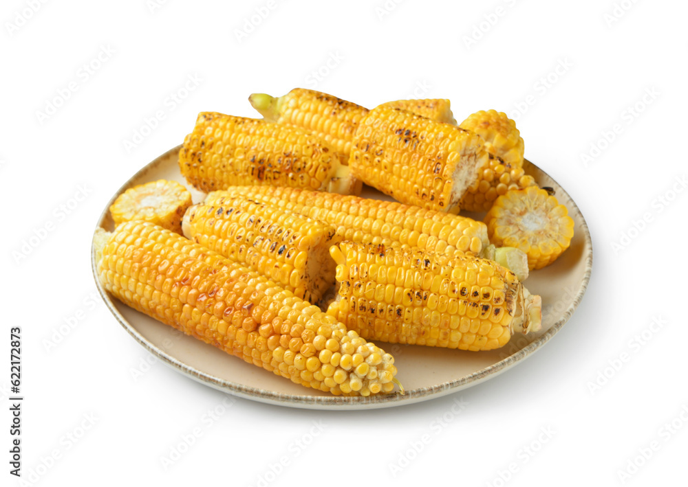 Plate with tasty grilled corn cobs on white background