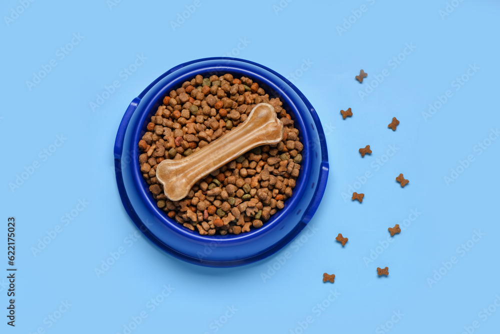 Bowl of dry dog food with chew bone on color background