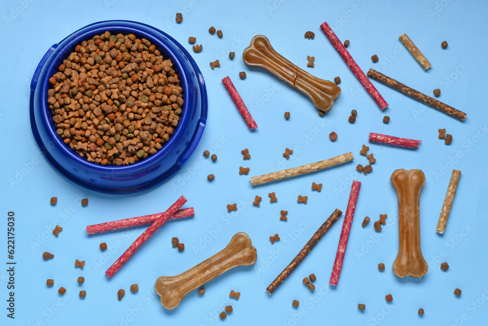 Composition with bowl of dry dog food and different treats on color background