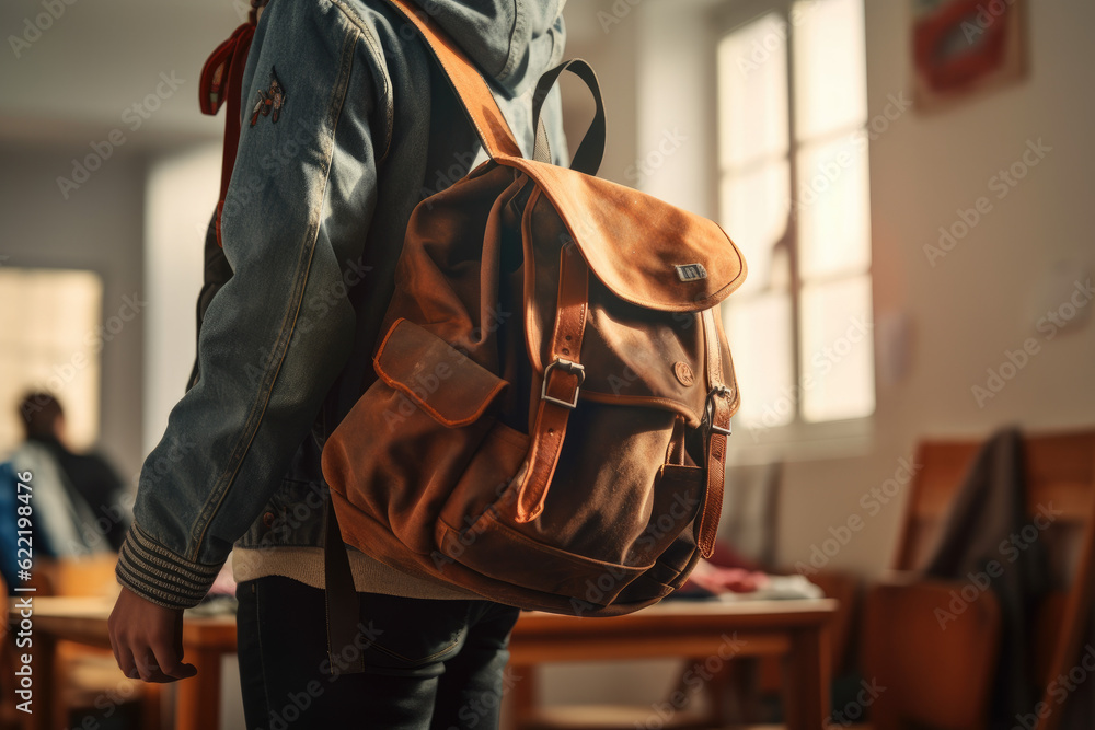 Vintage orange backpack with school supplies on table. Back to school concept.