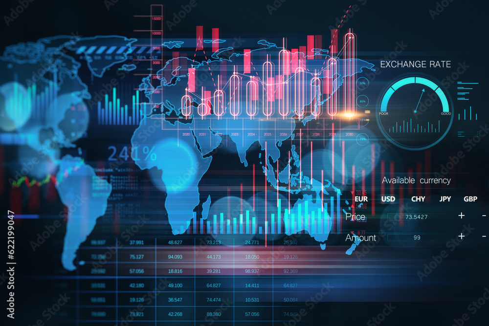 Creative global forex chart on dark background. Concept of stock market and financial success. 3D Re