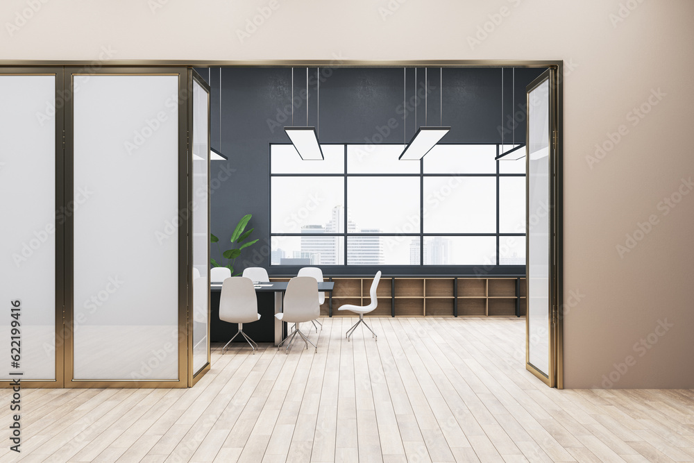 Modern concrete meeting room office interior with window and city view, wooden flooring, furniture a