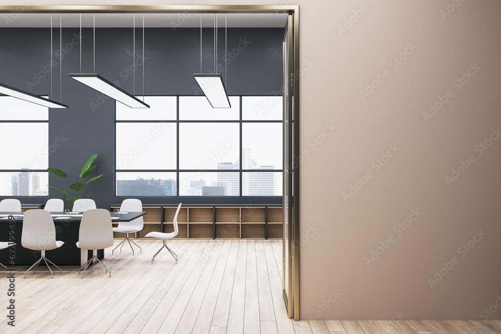 Modern concrete meeting room office interior with mock up place on wall, window and city view, woode