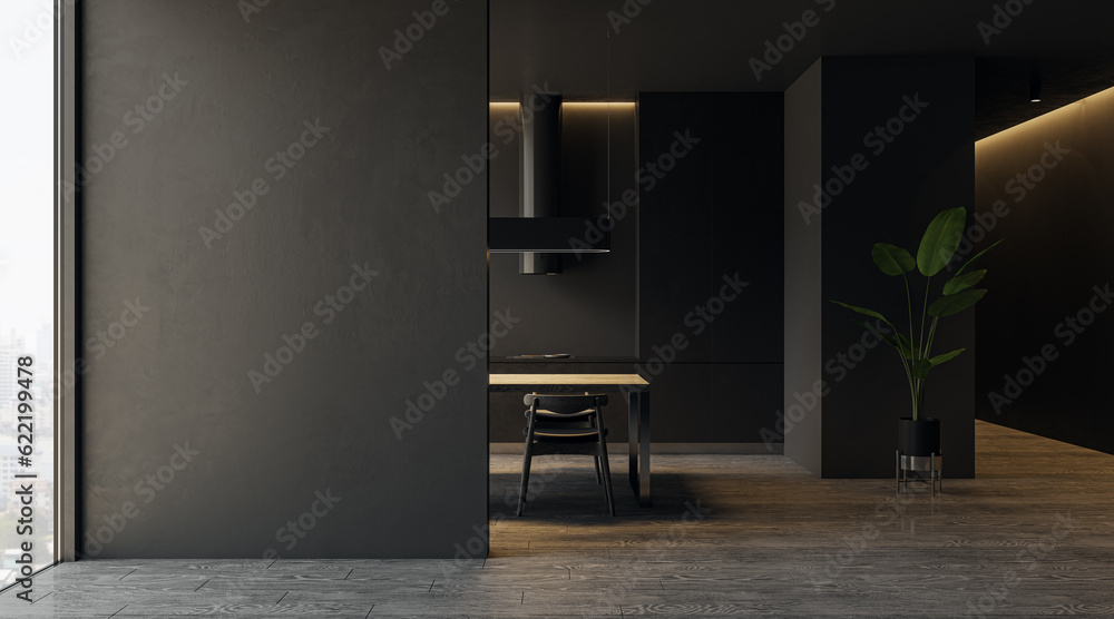 Modern black kitchen interior with empty mock up place on wall, panoramic windows, curtains and furn