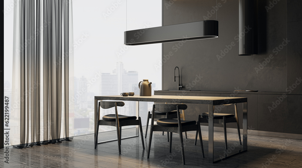 Luxury black kitchen interior with panoramic windows, curtains and furniture. 3D Rendering.