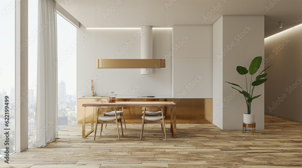 Modern golden and white kitchen interior with panoramic windows, curtains and furniture. 3D Renderin