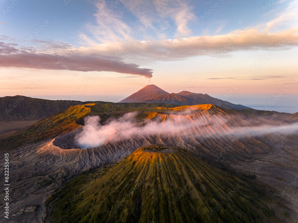 Aerial view Mount Bromo active volcano at sunrise, East Java, Indonesia