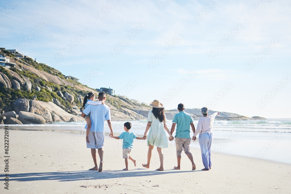 Beach, holding hands and grandparents, parents and kids for bonding, quality time and relax in natur