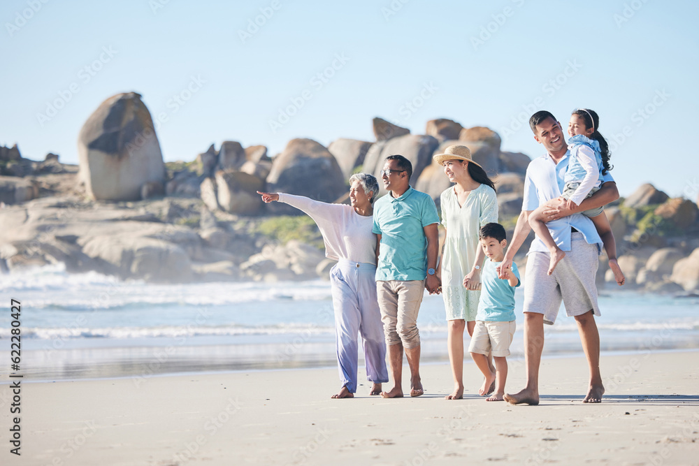 Travel, beach and family and children walking by sea for bonding, quality time and relaxing in natur