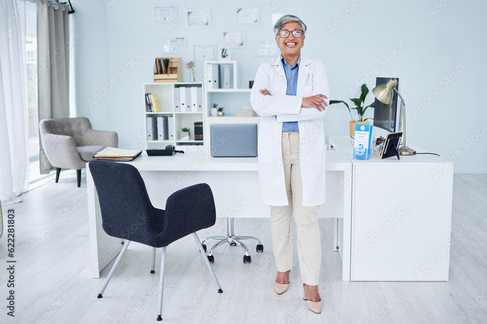 Happy senior woman, doctor and arms crossed in confidence of healthcare consultant at the office. Po