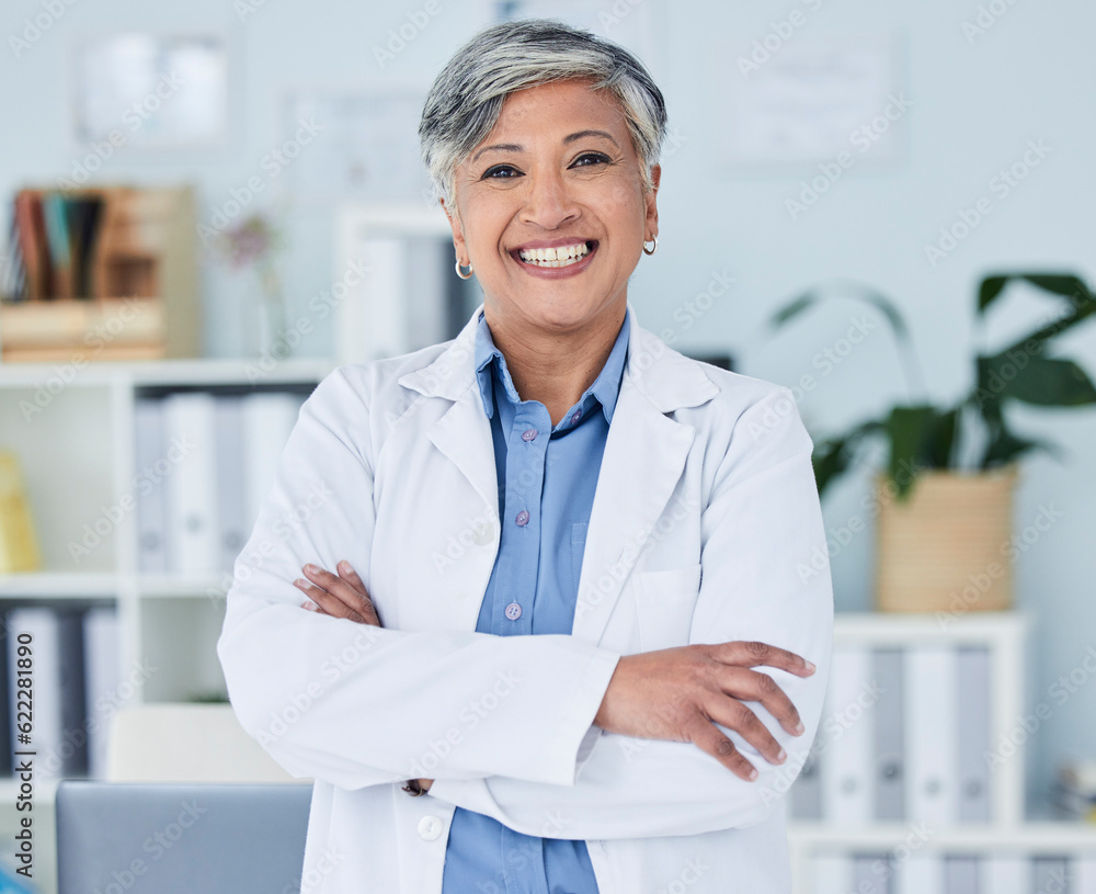 Happy senior woman, portrait and doctor with arms crossed in confidence for healthcare at the office