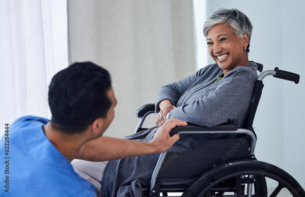 Doctor, wheelchair and happy woman with support, healthcare service and medical kindness or nursing.