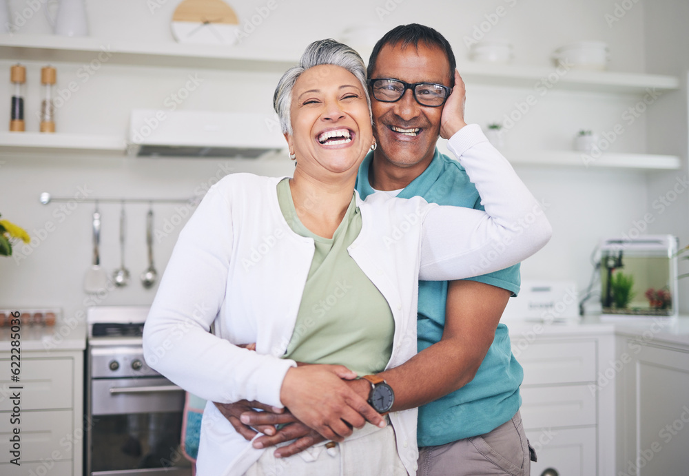 Hug, love and smile with portrait of old couple for support, happy and relax. Happiness, kindness an