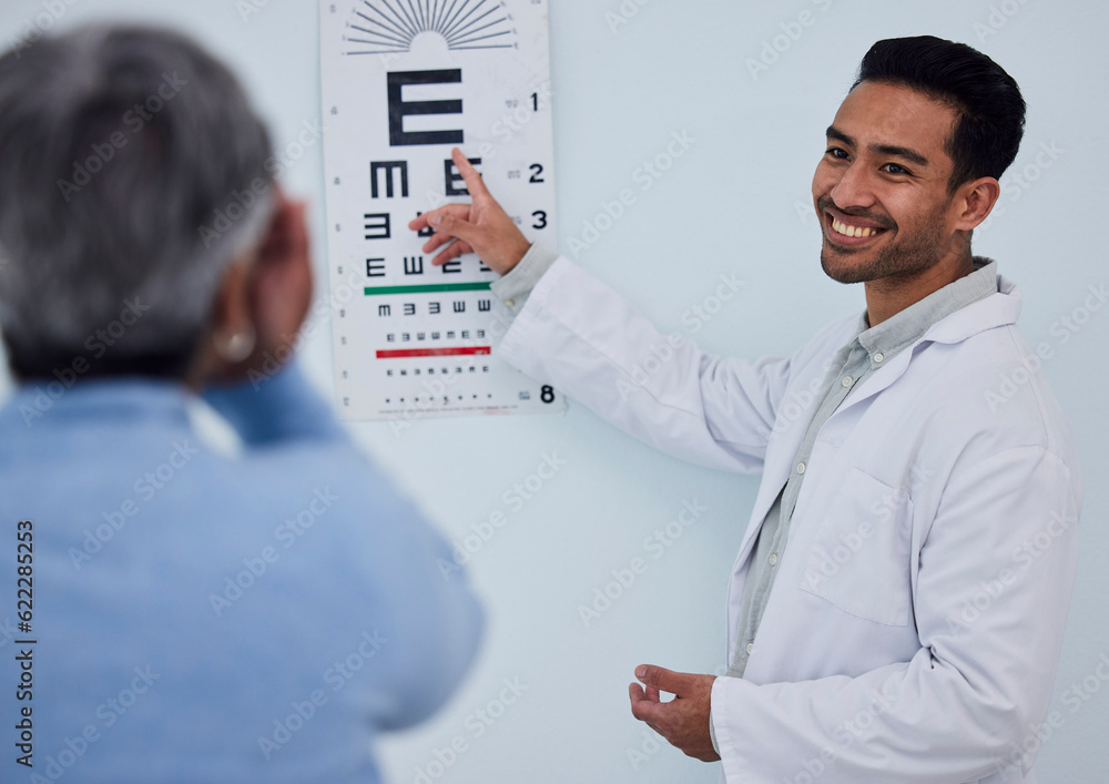 Happy asian man, doctor and eye exam with patient for testing vision, sight or consultation at the h