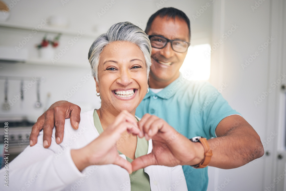 Heart hands, love and smile with portrait of old couple for support, happy and relax. Happiness, kin