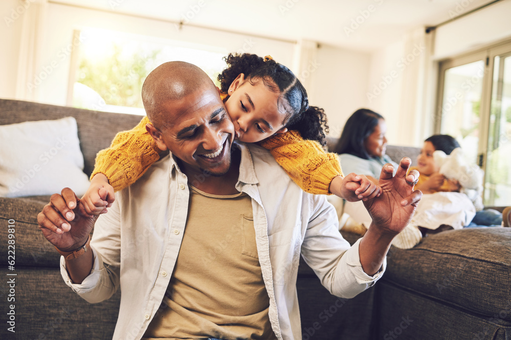 Happy, playing and a child with a kiss for a father, love and bonding together in a house. Smile, fa