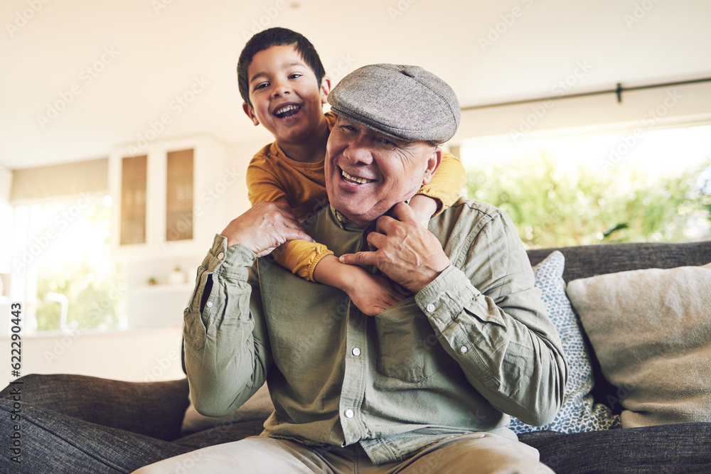 Hug, grandfather and boy with a smile, relax and love with quality time, cheerful and weekend break 