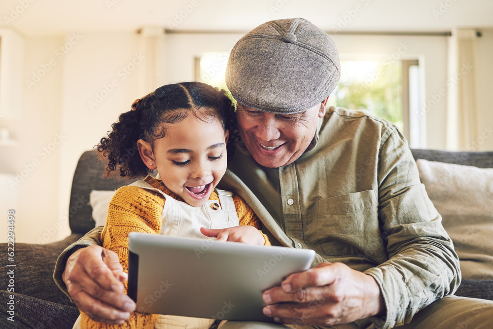 Young girl, grandfather and tablet, relax together and watch cartoon or e learning with games while 