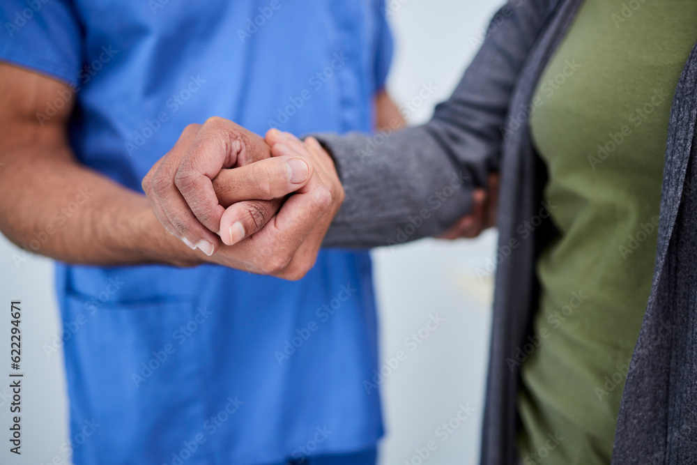 Closeup, hands and doctor with a patient, support and solidarity with treatment, comfort and empathy