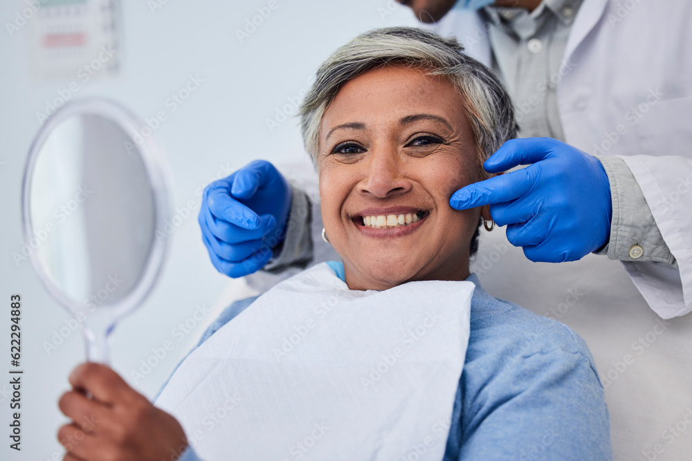 Happy senior woman, teeth and dentist for dental care, appointment or checkup at clinic. Portrait of