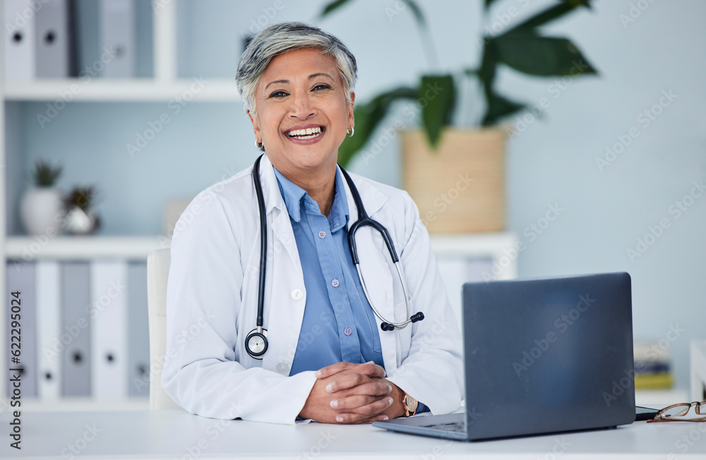 Doctor, happy portrait and woman in office for medical consultation, support and services planning o