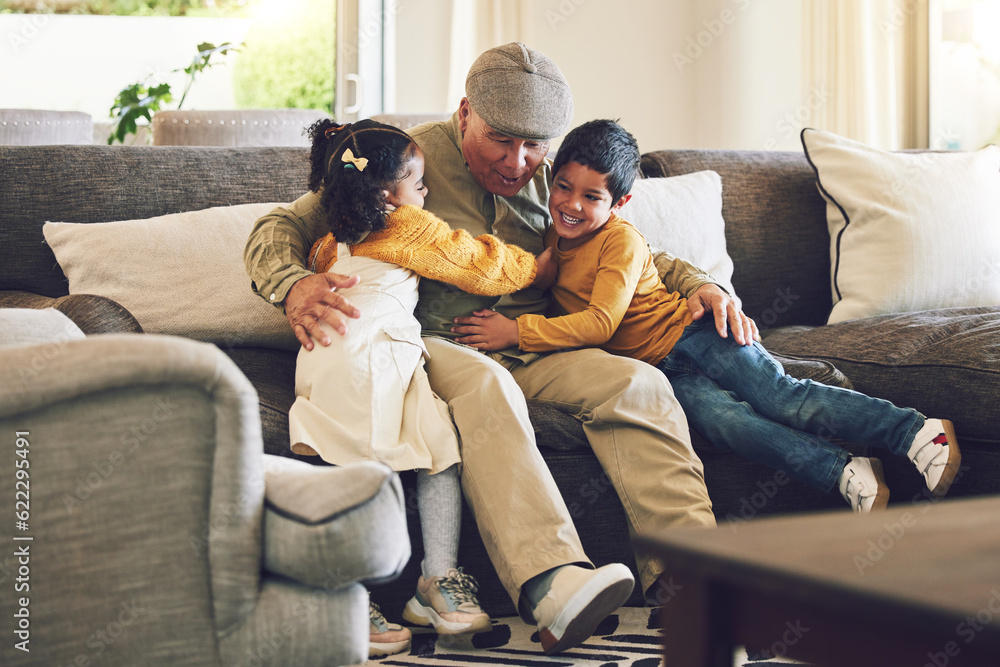 Hug, grandfather or happy kids on a sofa with love enjoying quality bonding time together in family 