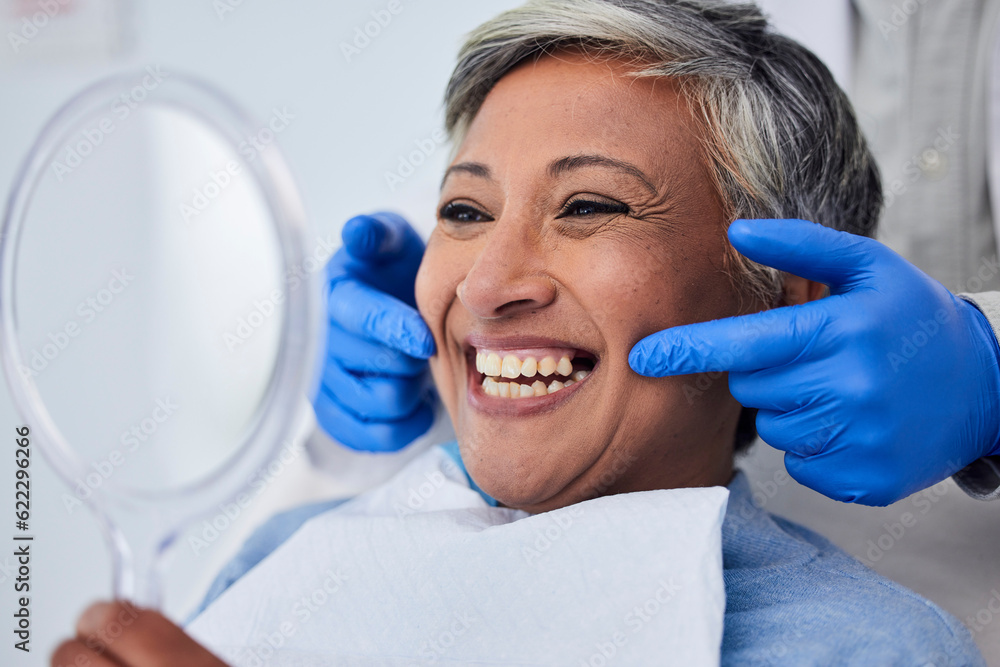 Senior woman, teeth and smile for dentist in dental care, appointment or checkup at the clinic. Happ