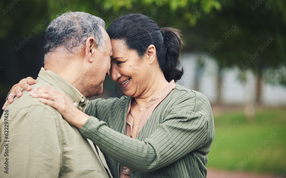 Love, affection and senior couple in nature in an outdoor park with care, happiness and romance. Hap