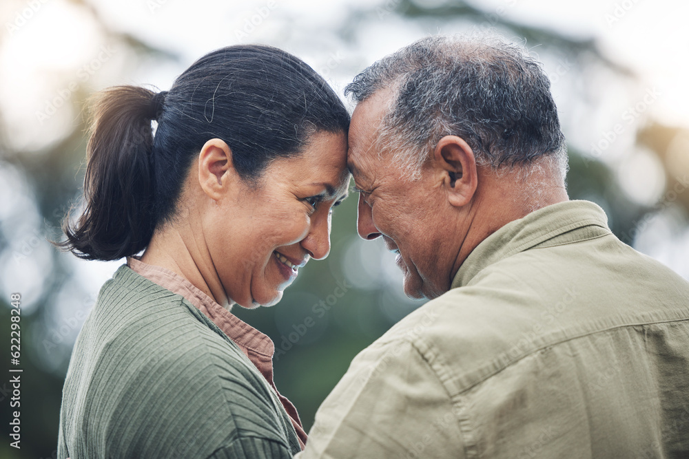 Outdoor, forehead and senior couple with love, retirement and happiness with care, bonding and roman