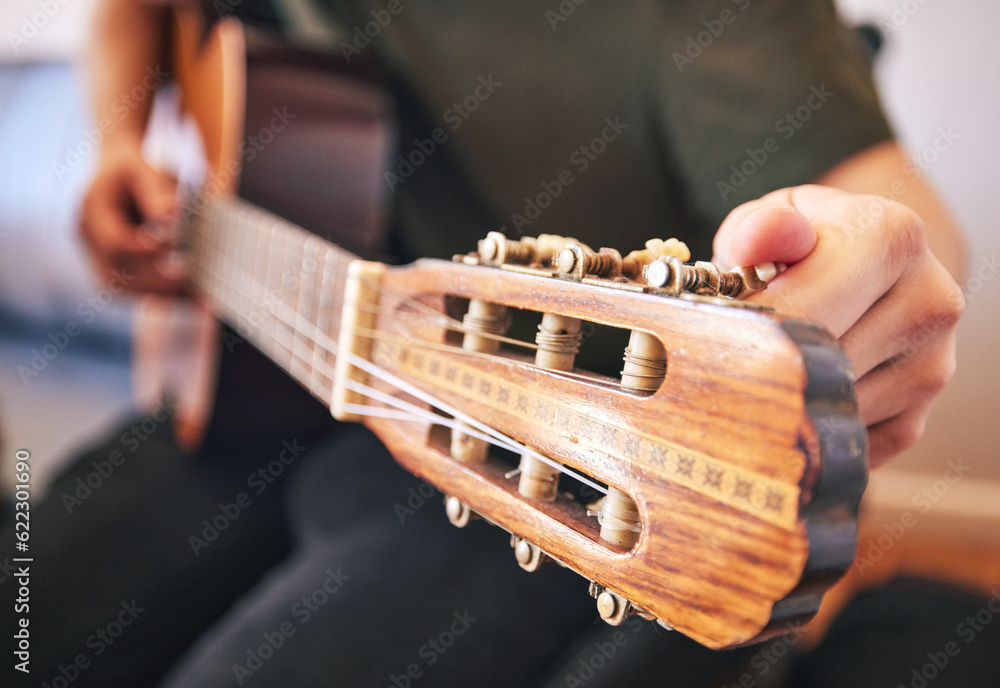 Hands, person and tuning guitar for music, talent and creative skill in sound production. Closeup, m