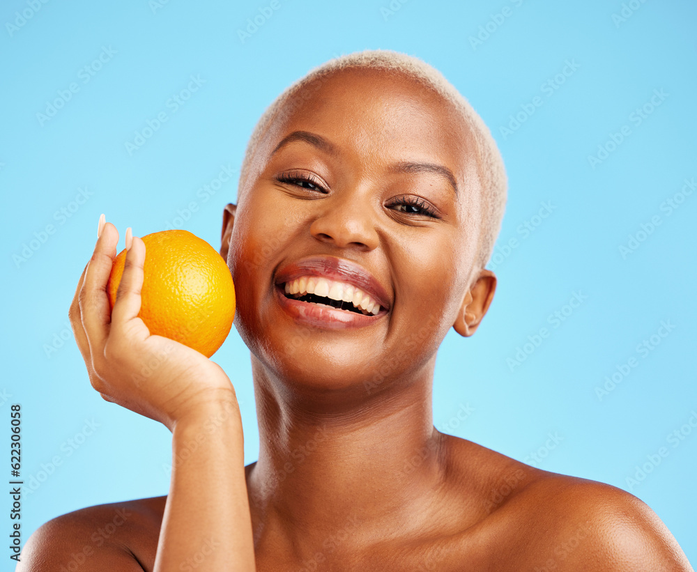 Orange, portrait and black woman with skincare, natural beauty and dermatology on a blue studio back