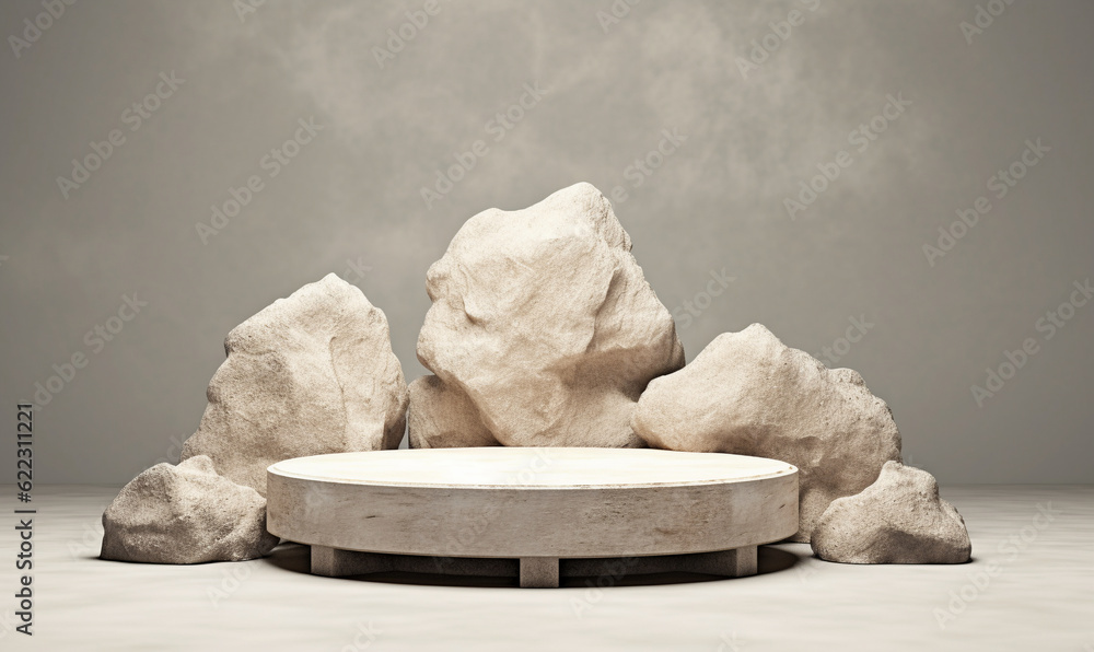 Stone podium for display product. Background for cosmetic product branding, identity and packaging