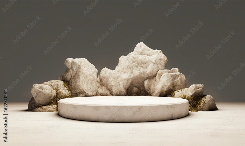 Stone podium for display product. Background for cosmetic product branding, identity and packaging