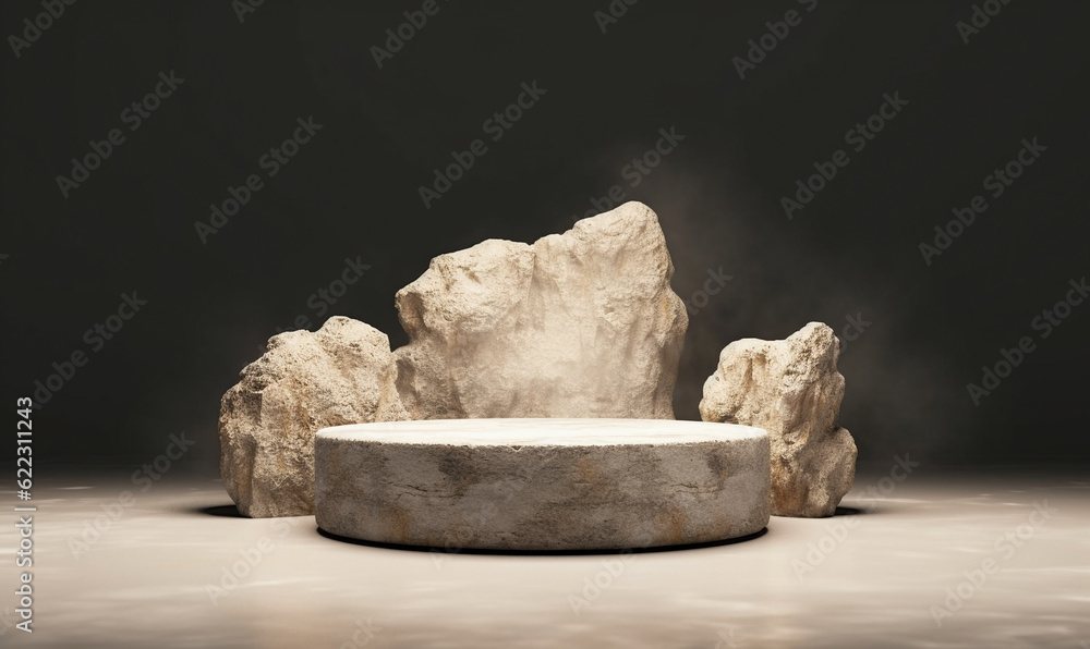 Stone podium for display product. Background for cosmetic product branding, identity and packaging