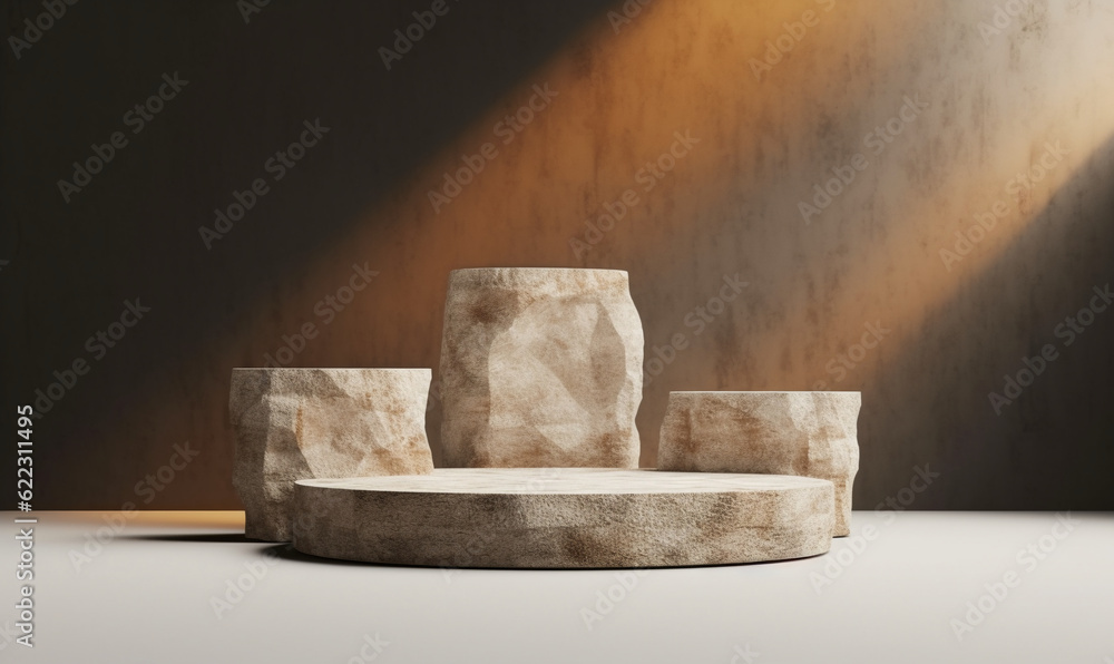 Stone podium for display product. Background for cosmetic product branding, identity and packaging