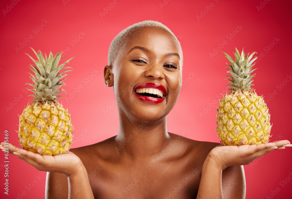 Beauty, pineapple and portrait of a woman in studio for healthy food, diet or fruit. Black person wi