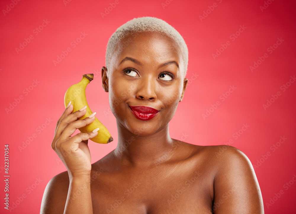 Beauty, phone call and woman with a banana or acting angry, pretending and fake conversation on red 